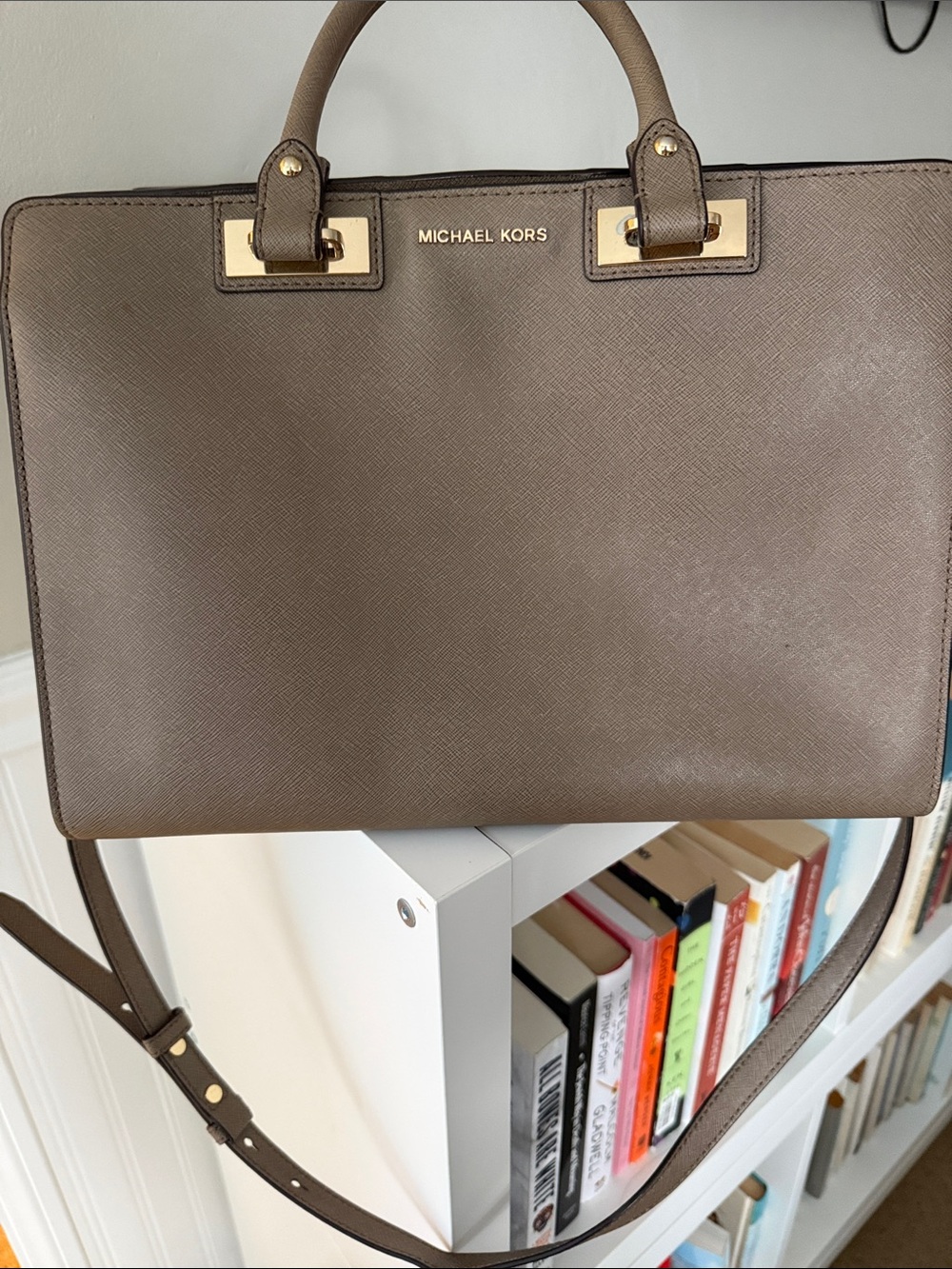 Michael Kors Taupe Saffiano Tote with Gold Hardware